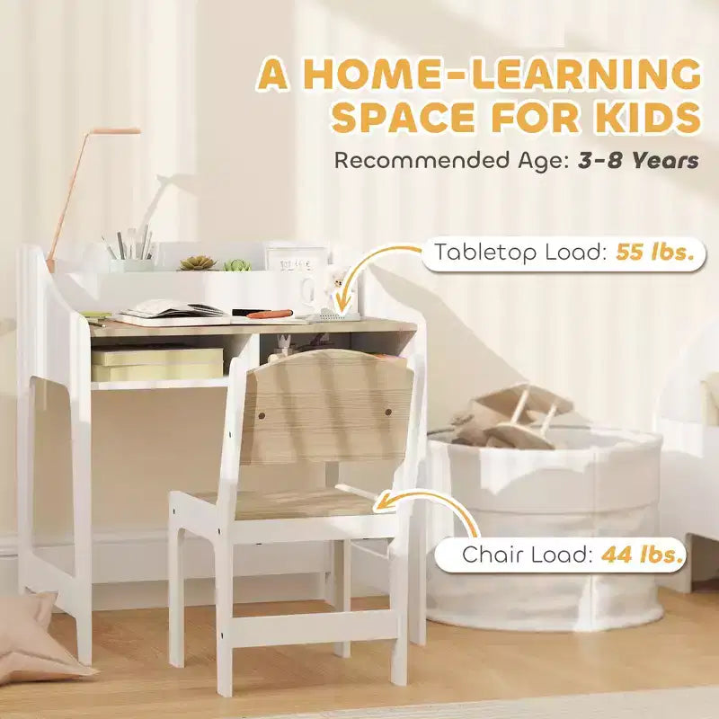 Set Scrivania e Sedia per Bambini, Tavolo Studio per Bambini con Ripiani Portaoggetti, Scrivania da Scrittura per Studenti per Camera da Letto e Studio, 3-8 Anni