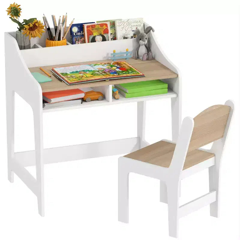 Qaba Kids Desk and Chair Set, Children Study Table with Storage Shelves, Student Writing Desk for Bedroom & Study Room, 3-8 Years Old