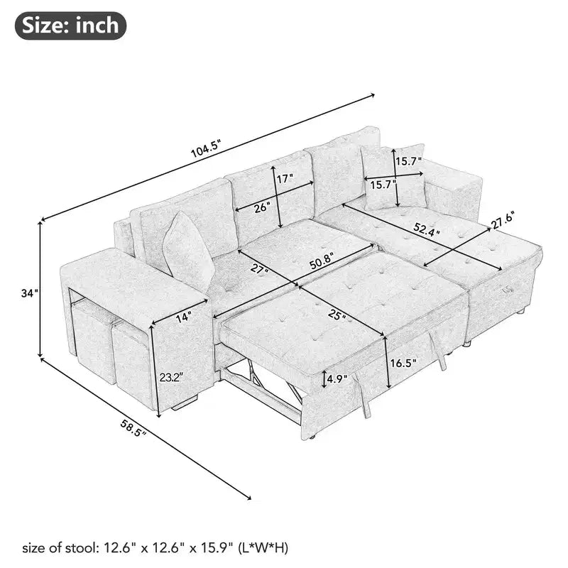Divano letto sezionale a L reversibile da 104,5 pollici con chaise longue contenitore e 2 pouf - Divano letto convertibile a 3 posti per soggiorno