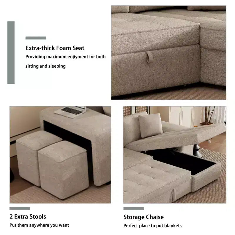 Divano letto sezionale a L reversibile da 104,5 pollici con chaise longue contenitore e 2 pouf - Divano letto convertibile a 3 posti per soggiorno