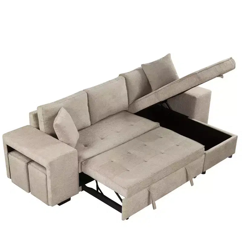Divano letto sezionale a L reversibile da 104,5 pollici con chaise longue contenitore e 2 pouf - Divano letto convertibile a 3 posti per soggiorno