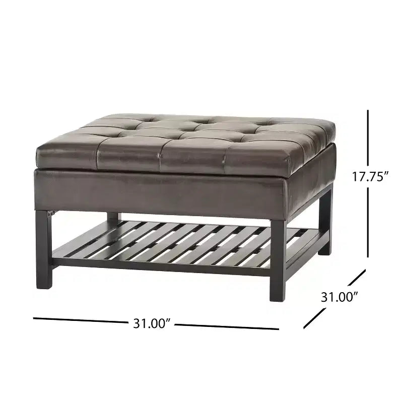 Pouf contenitore trapuntato Kilbourne in ecopelle con ripiano, Marrone/Marrone scuro