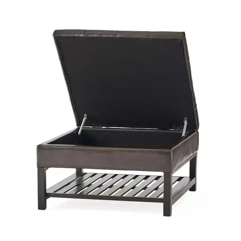 Pouf contenitore trapuntato Kilbourne in ecopelle con ripiano, Marrone/Marrone scuro