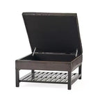 Pouf contenitore trapuntato Kilbourne in ecopelle con ripiano, Marrone/Marrone scuro