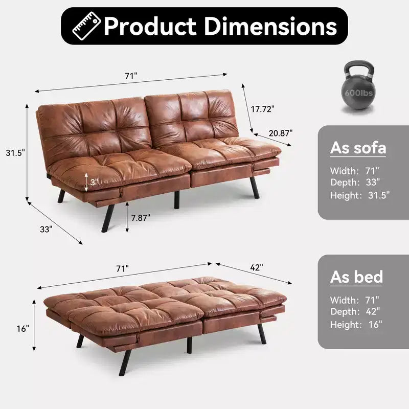 Divano letto futon convertibile da 71 pollici, moderno divano futon in lino con cuscino staccabile, schienale e bracciolo regolabili