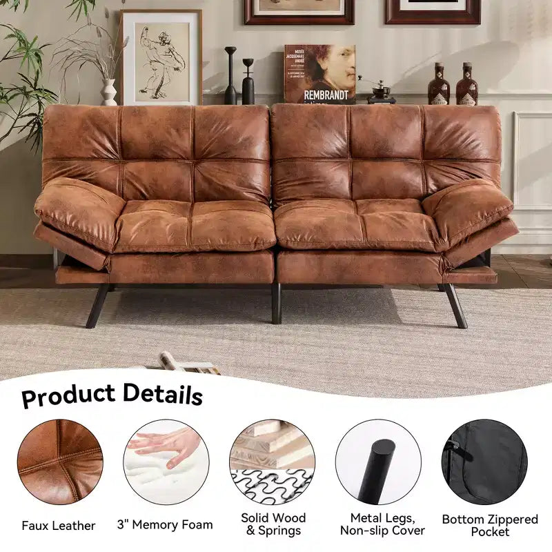 Divano letto futon convertibile da 71 pollici, moderno divano futon in lino con cuscino staccabile, schienale e bracciolo regolabili