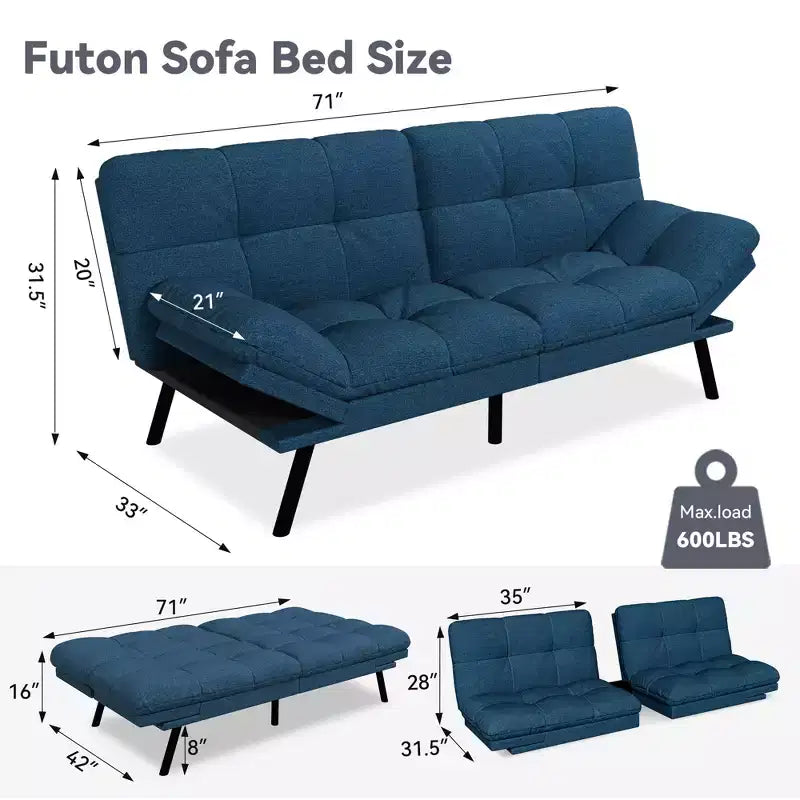 Divano letto futon convertibile da 71 pollici, moderno divano futon in lino con cuscino staccabile, schienale e bracciolo regolabili