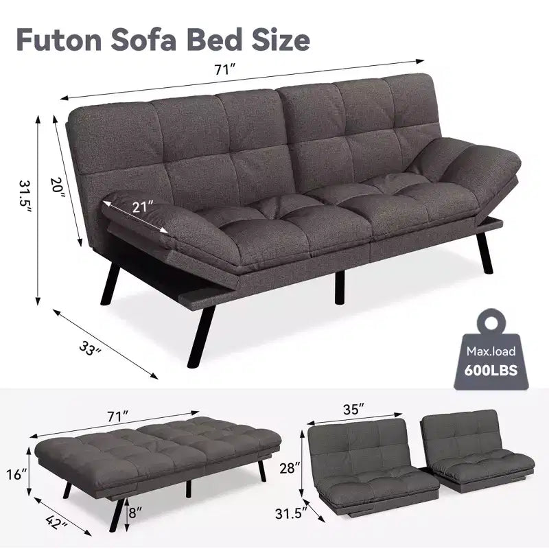 Divano letto futon convertibile da 71 pollici, moderno divano futon in lino con cuscino staccabile, schienale e bracciolo regolabili