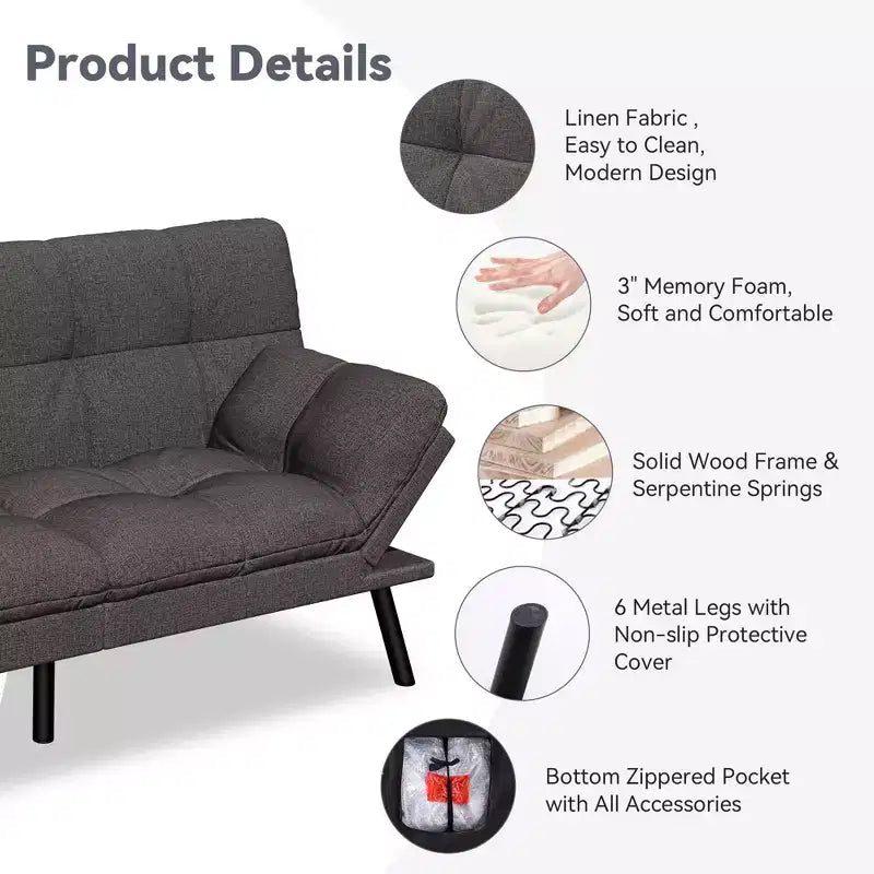 Divano letto futon convertibile da 71 pollici, moderno divano futon in lino con cuscino staccabile, schienale e bracciolo regolabili