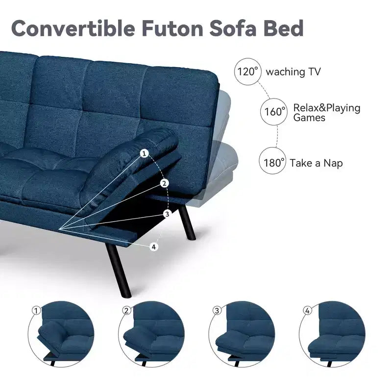 Divano letto futon convertibile da 71 pollici, moderno divano futon in lino con cuscino staccabile, schienale e bracciolo regolabili