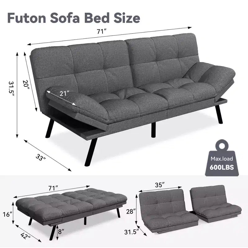 Divano letto futon convertibile da 71 pollici, moderno divano futon in lino con cuscino staccabile, schienale e bracciolo regolabili