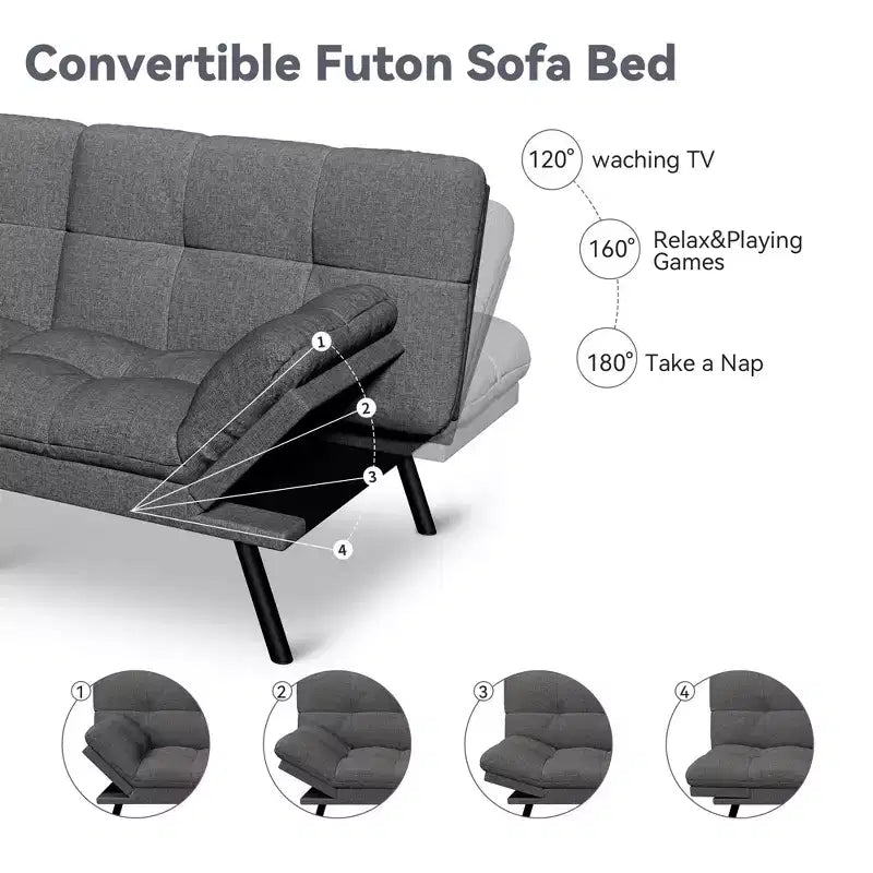 Divano letto futon convertibile da 71 pollici, moderno divano futon in lino con cuscino staccabile, schienale e bracciolo regolabili