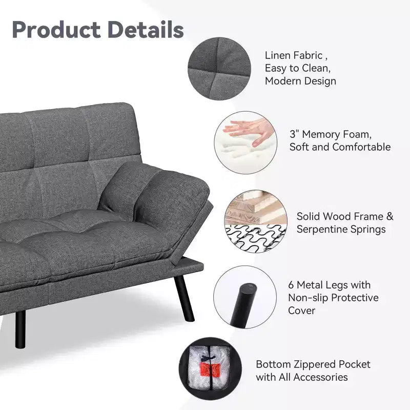 Divano letto futon convertibile da 71 pollici, moderno divano futon in lino con cuscino staccabile, schienale e bracciolo regolabili