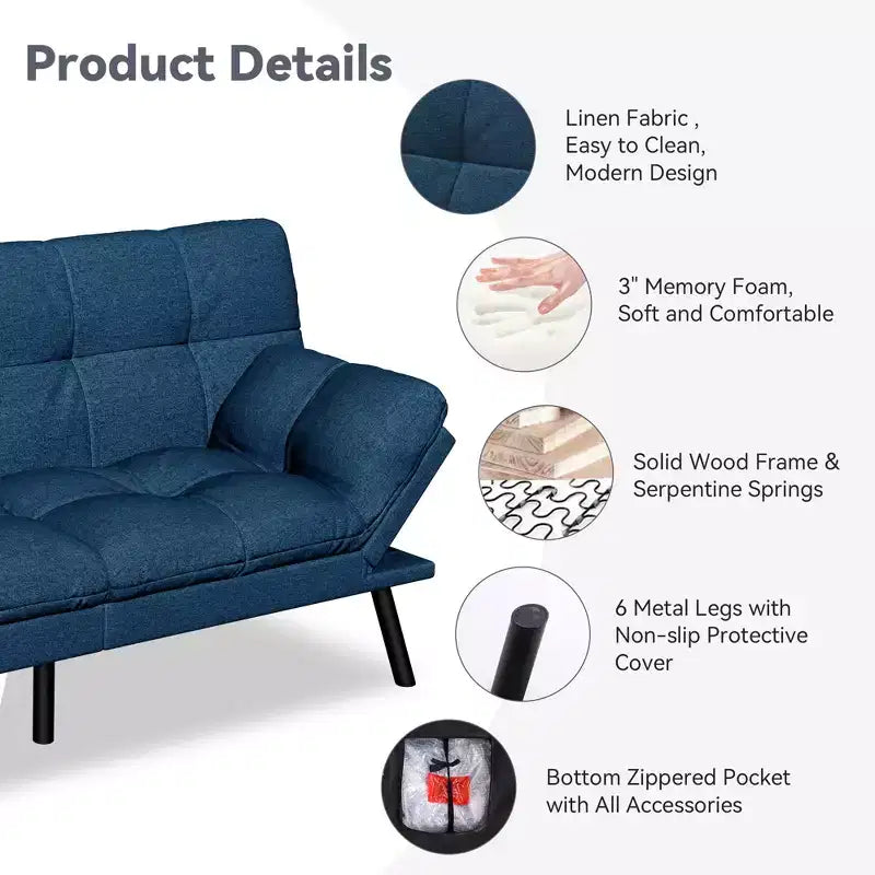 Divano letto futon convertibile da 71 pollici, moderno divano futon in lino con cuscino staccabile, schienale e bracciolo regolabili