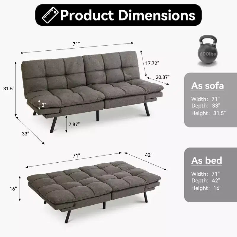 Divano letto futon convertibile da 71 pollici, moderno divano futon in lino con cuscino staccabile, schienale e bracciolo regolabili
