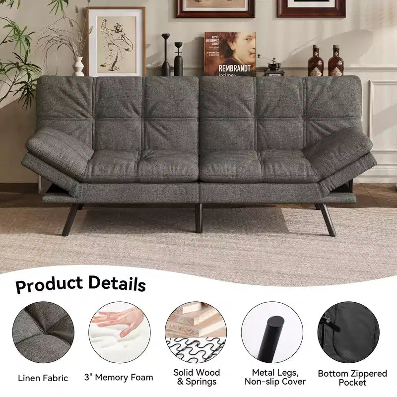 Divano letto futon convertibile da 71 pollici, moderno divano futon in lino con cuscino staccabile, schienale e bracciolo regolabili