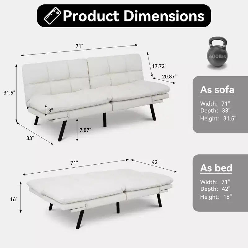 Divano letto futon convertibile da 71 pollici, moderno divano futon in lino con cuscino staccabile, schienale e bracciolo regolabili