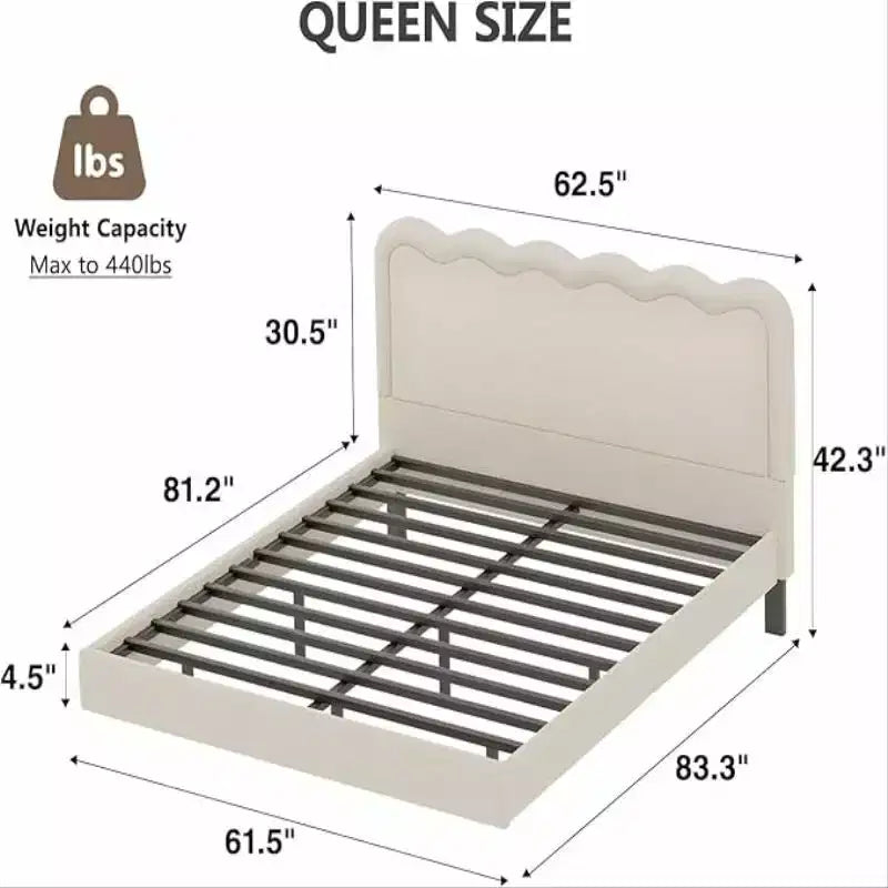 Struttura letto matrimoniale in bouclé con luci LED, struttura letto flottante con testiera ondulata e robusto telaio in metallo, senza rumore?beige
