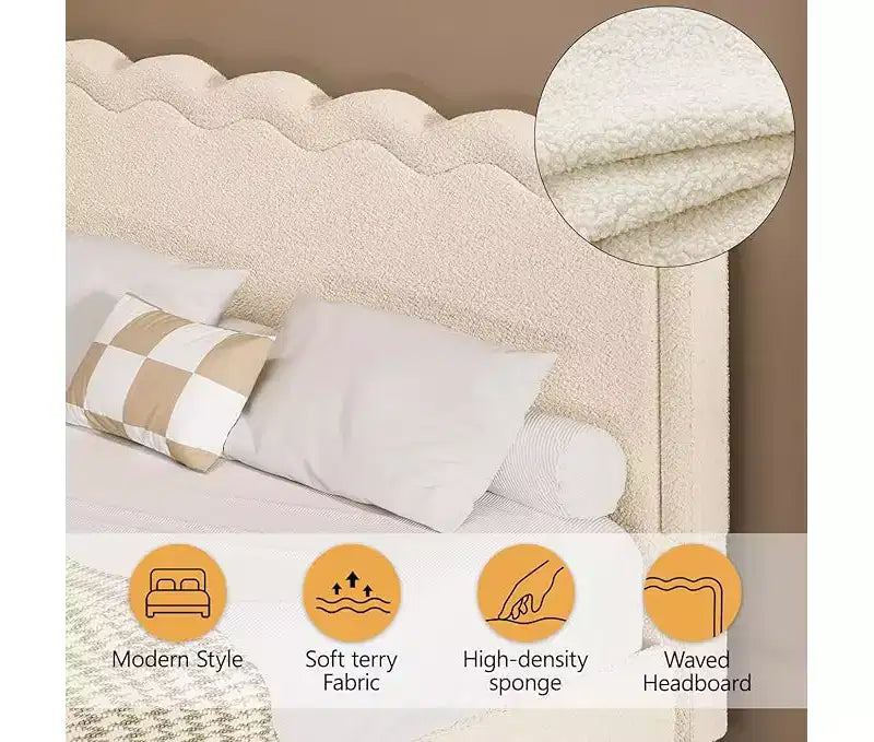 Struttura letto matrimoniale in bouclé con luci LED, struttura letto flottante con testiera ondulata e robusto telaio in metallo, senza rumore?beige