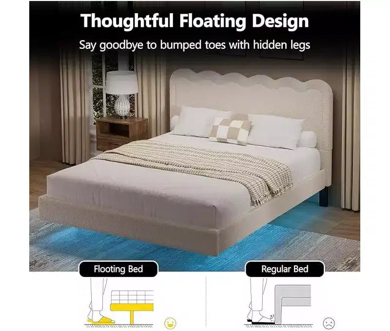 Struttura letto matrimoniale in bouclé con luci LED, struttura letto flottante con testiera ondulata e robusto telaio in metallo, senza rumore?beige