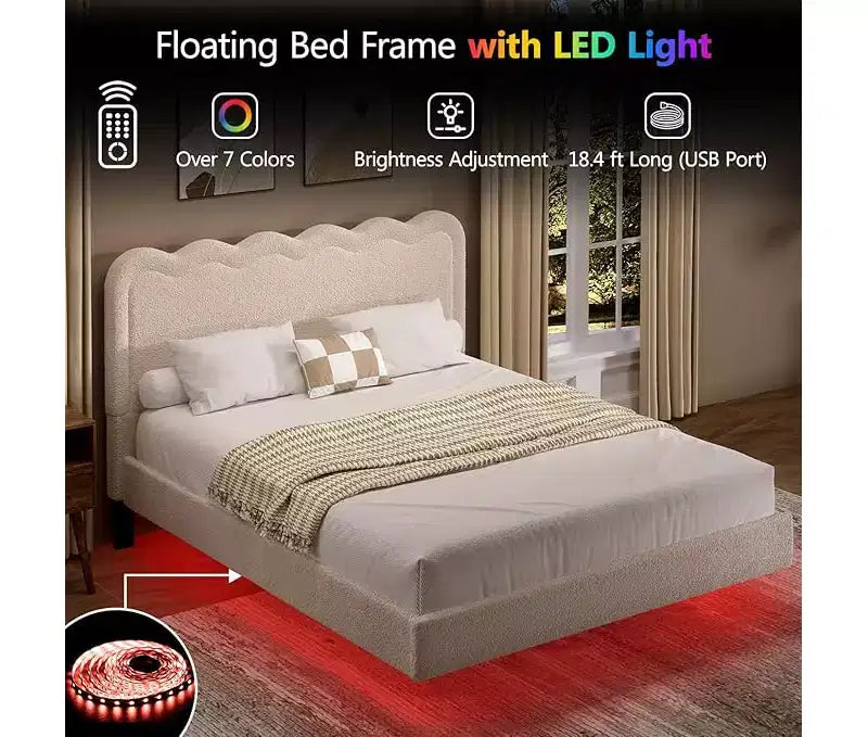 Struttura letto matrimoniale in bouclé con luci LED, struttura letto flottante con testiera ondulata e robusto telaio in metallo, senza rumore?beige