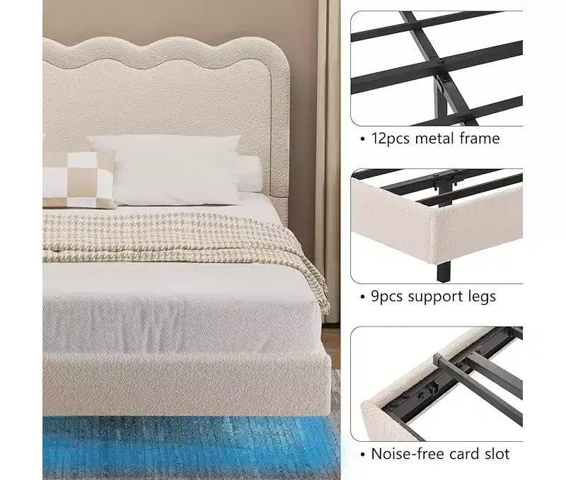Struttura letto matrimoniale in bouclé con luci LED, struttura letto flottante con testiera ondulata e robusto telaio in metallo, senza rumore?beige