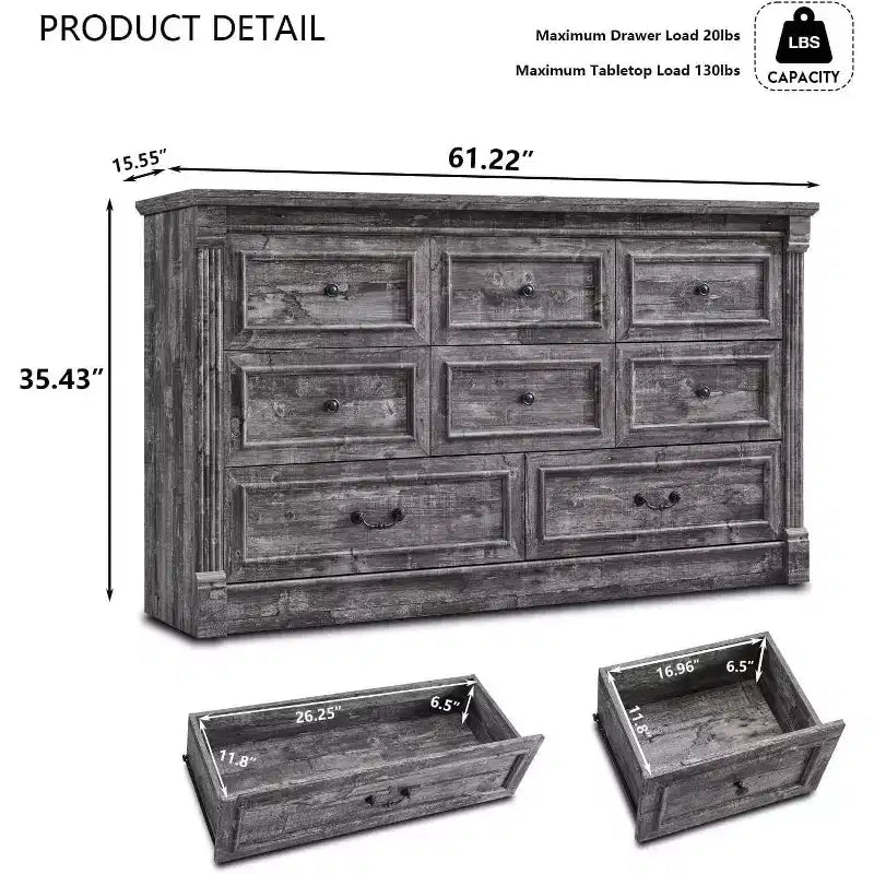 Credenza rustica da 61 pollici con 8 cassetti, in legno, con colonna romana per camera da letto