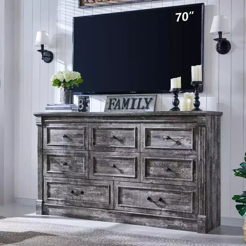 Credenza rustica da 61 pollici con 8 cassetti, in legno, con colonna romana per camera da letto