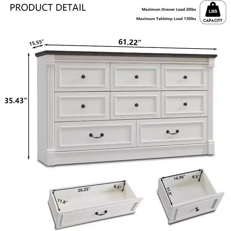 Credenza rustica da 61 pollici con 8 cassetti, in legno, con colonna romana per camera da letto