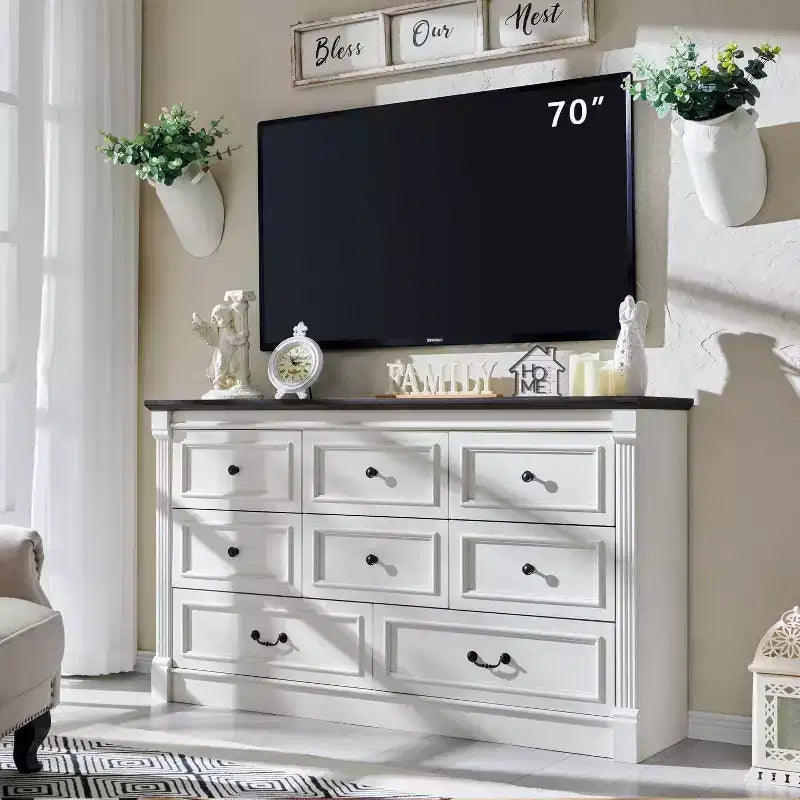 Credenza rustica da 61 pollici con 8 cassetti, in legno, con colonna romana per camera da letto