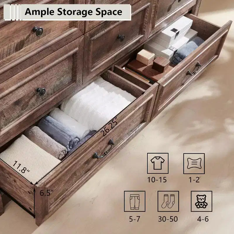 Credenza rustica da 61 pollici con 8 cassetti, in legno, con colonna romana per camera da letto