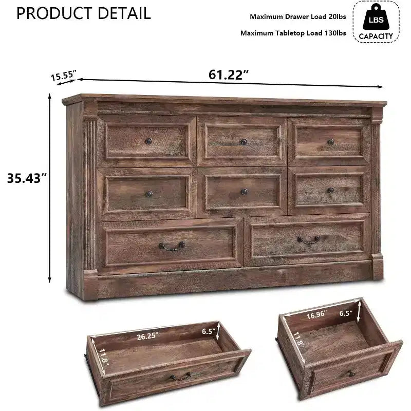 Credenza rustica da 61 pollici con 8 cassetti, in legno, con colonna romana per camera da letto