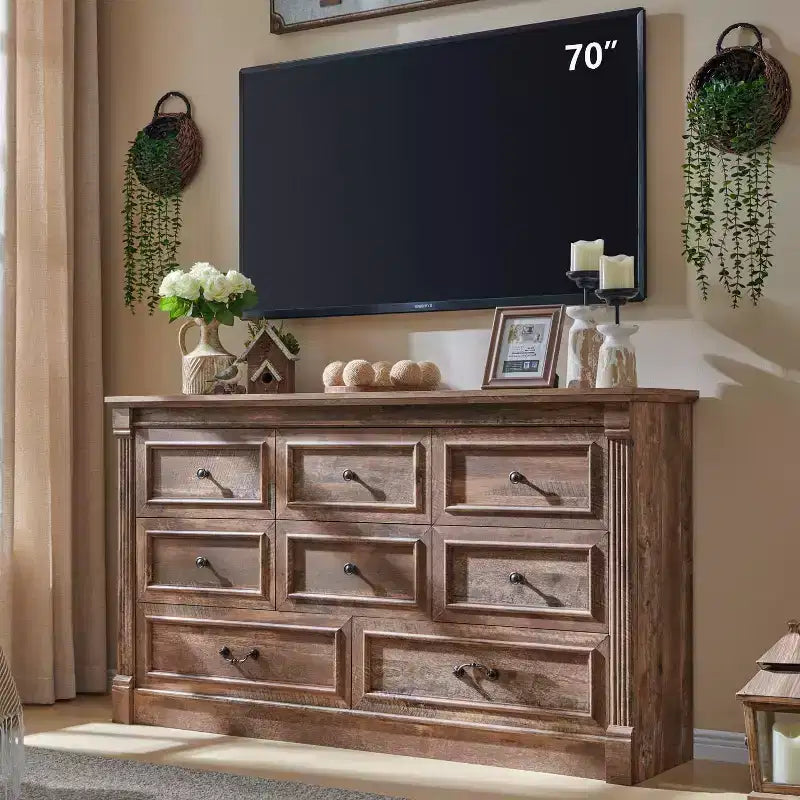 Credenza rustica da 61 pollici con 8 cassetti, in legno, con colonna romana per camera da letto
