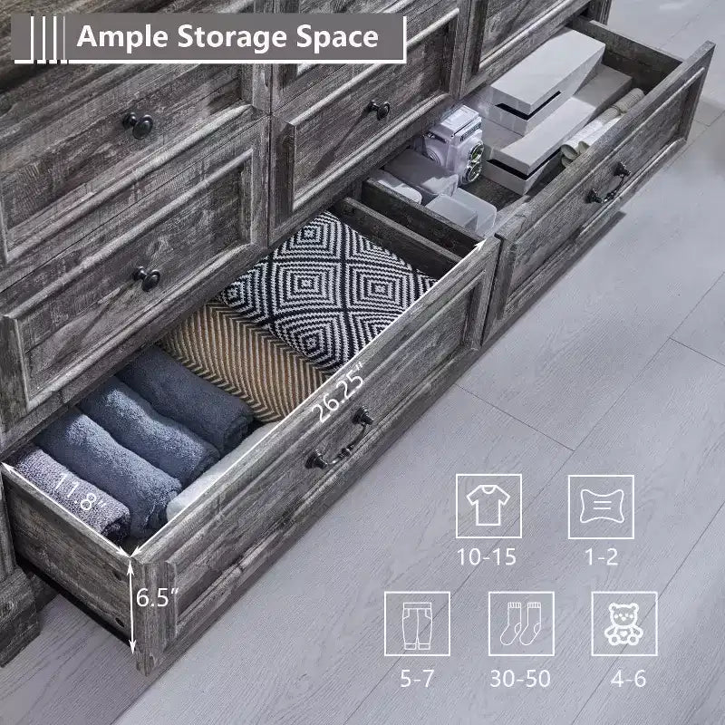 Credenza rustica da 61 pollici con 8 cassetti, in legno, con colonna romana per camera da letto