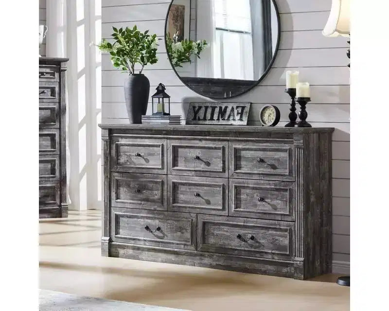 Credenza rustica da 61 pollici con 8 cassetti, in legno, con colonna romana per camera da letto