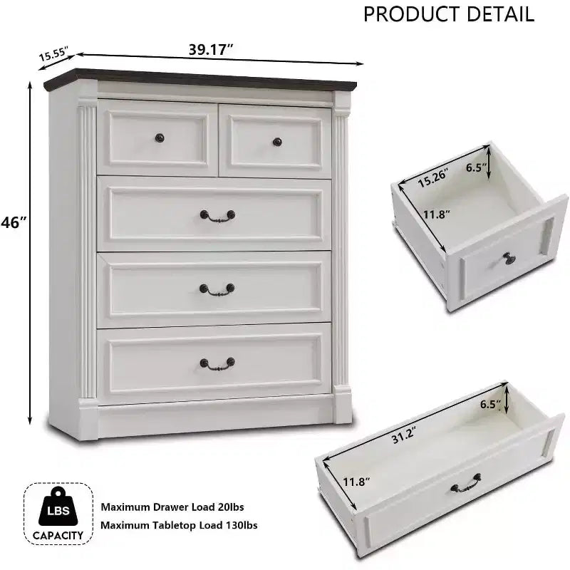 Cassettiera da fattoria 46 con 5 cassetti, armadio rustico in legno con colonna romana per camera da letto