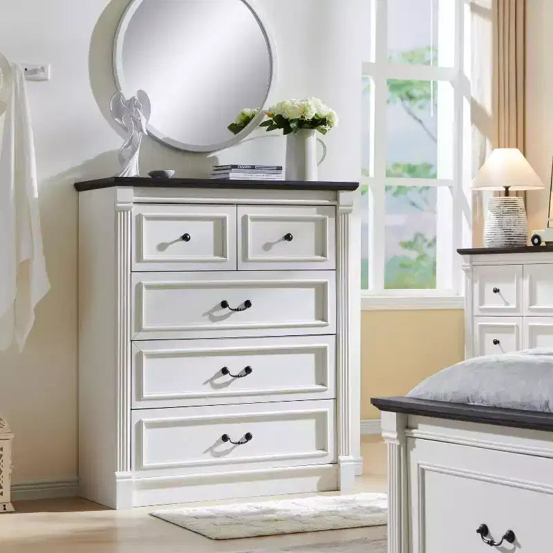Cassettiera da fattoria 46 con 5 cassetti, armadio rustico in legno con colonna romana per camera da letto