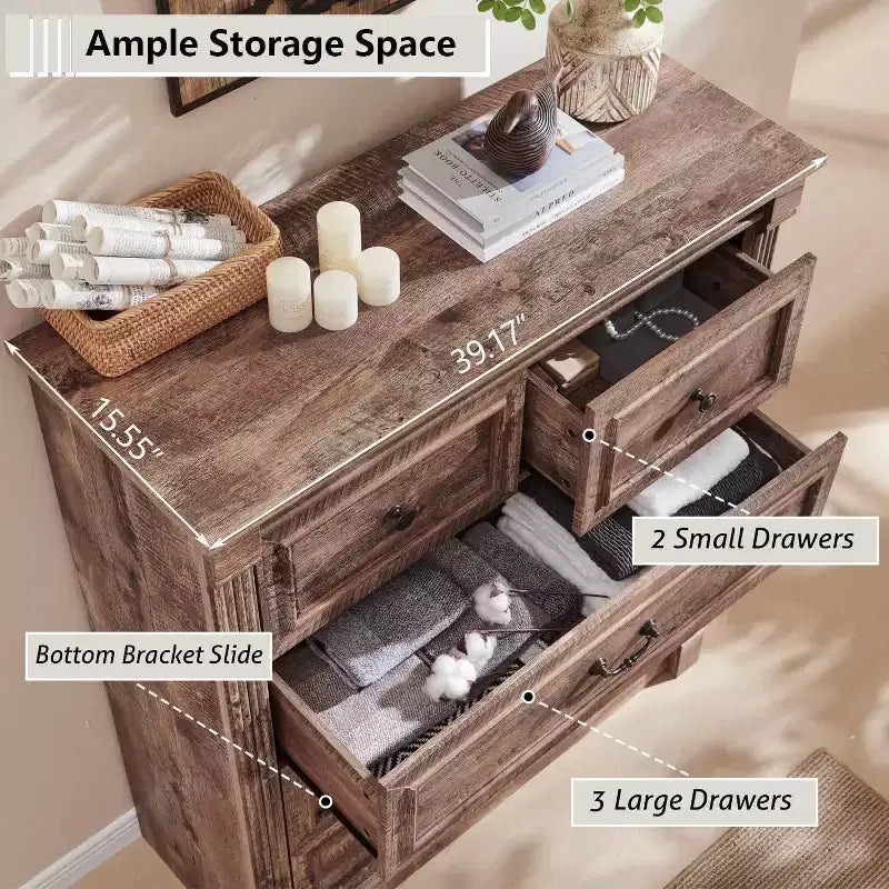 Cassettiera da fattoria 46 con 5 cassetti, armadio rustico in legno con colonna romana per camera da letto