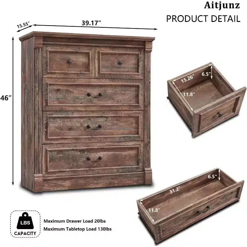 Cassettiera da fattoria 46 con 5 cassetti, armadio rustico in legno con colonna romana per camera da letto