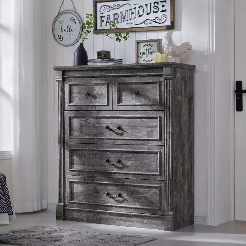 Cassettiera da fattoria 46 con 5 cassetti, armadio rustico in legno con colonna romana per camera da letto