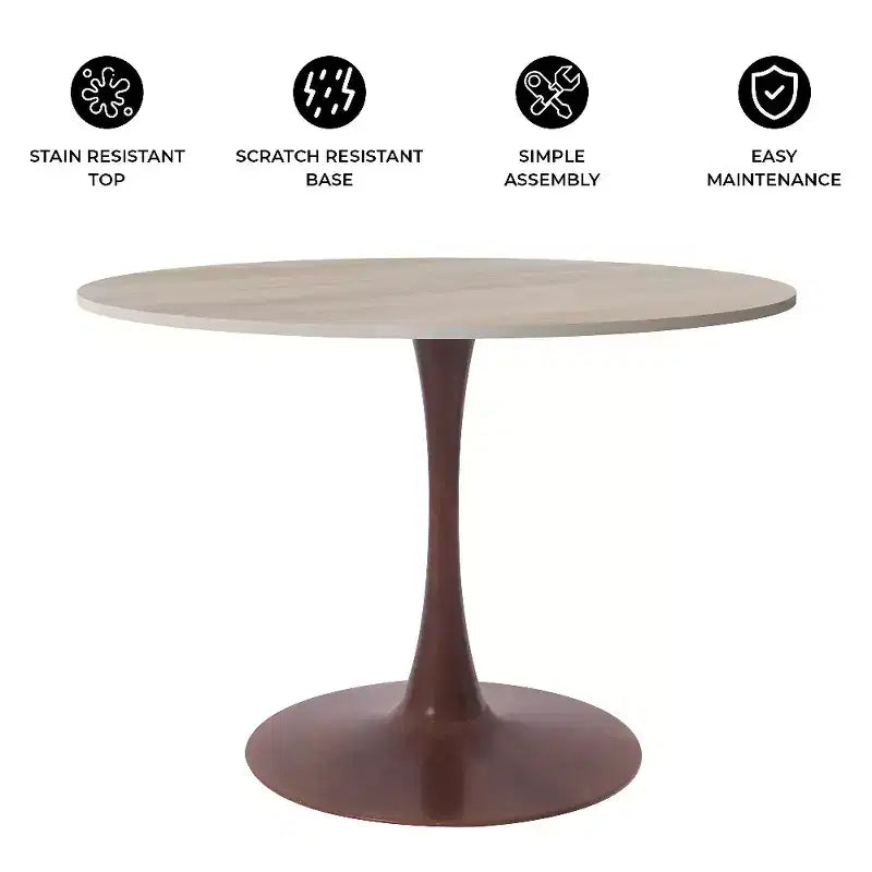 Tavolo da pranzo rotondo Bristol 35 con piano in pietra sinterizzata e base a piedistallo in acciaio noce per cucina e sala da pranzo moderne