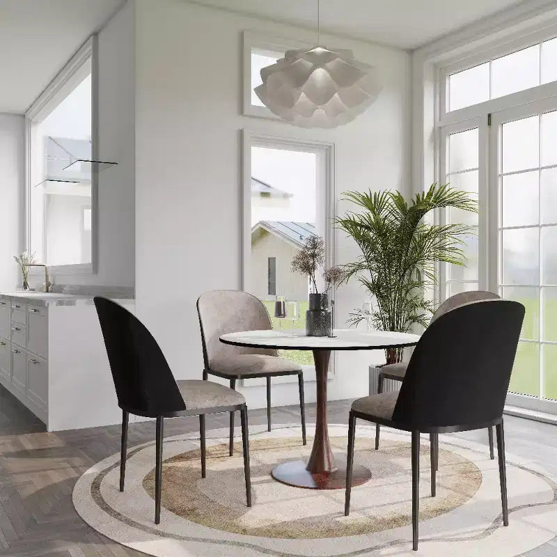 Tavolo da pranzo rotondo Bristol 35 con piano in pietra sinterizzata e base a piedistallo in acciaio noce per cucina e sala da pranzo moderne