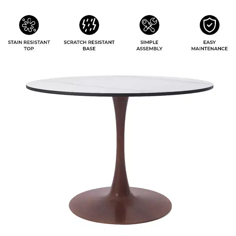 Tavolo da pranzo rotondo Bristol 35 con piano in pietra sinterizzata e base a piedistallo in acciaio noce per cucina e sala da pranzo moderne