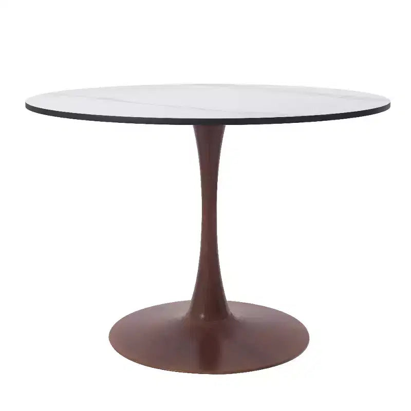 Tavolo da pranzo rotondo Bristol 35 con piano in pietra sinterizzata e base a piedistallo in acciaio noce per cucina e sala da pranzo moderne