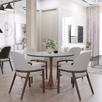 Tavolo da pranzo rotondo Bristol 35 con piano in pietra sinterizzata e base a piedistallo in acciaio noce per cucina e sala da pranzo moderne