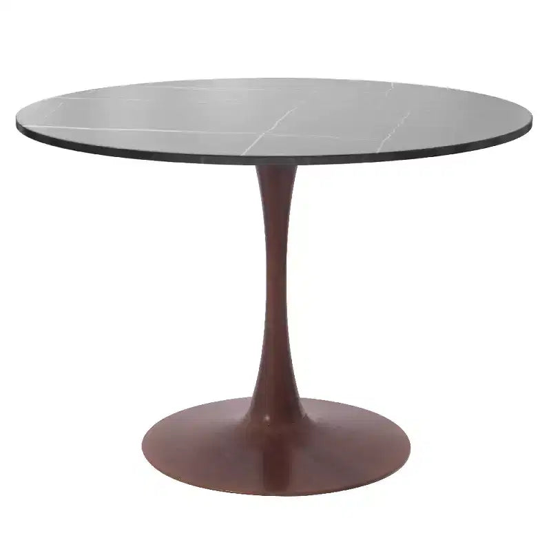 Tavolo da pranzo rotondo Bristol 35 con piano in pietra sinterizzata e base a piedistallo in acciaio noce per cucina e sala da pranzo moderne