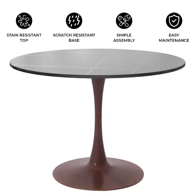 Tavolo da pranzo rotondo Bristol 35 con piano in pietra sinterizzata e base a piedistallo in acciaio noce per cucina e sala da pranzo moderne
