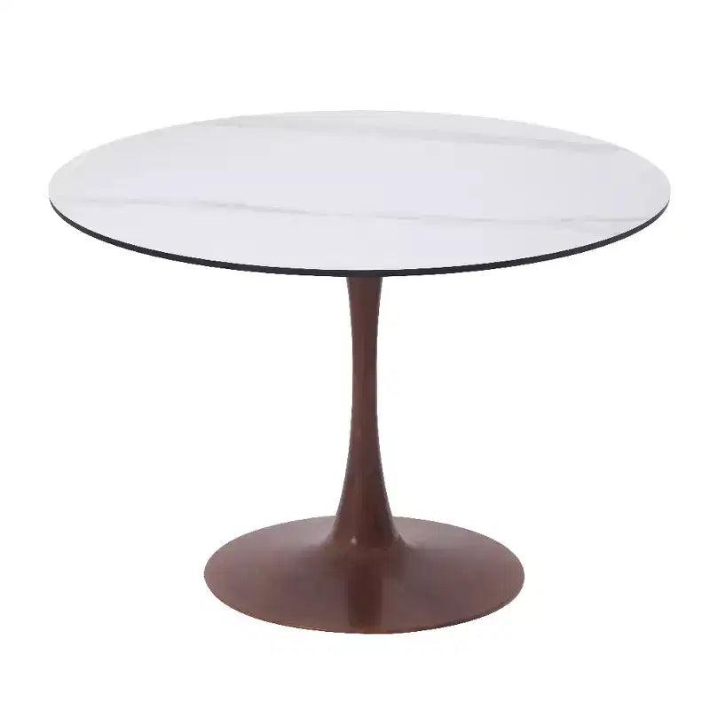 Tavolo da pranzo rotondo Bristol 35 con piano in pietra sinterizzata e base a piedistallo in acciaio noce per cucina e sala da pranzo moderne