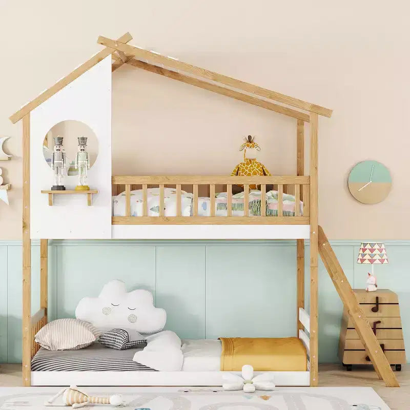 Letto a Castello Doppio con Tetto, Design a Casetta, Scaletta Sicura e Ringhiere - Naturale