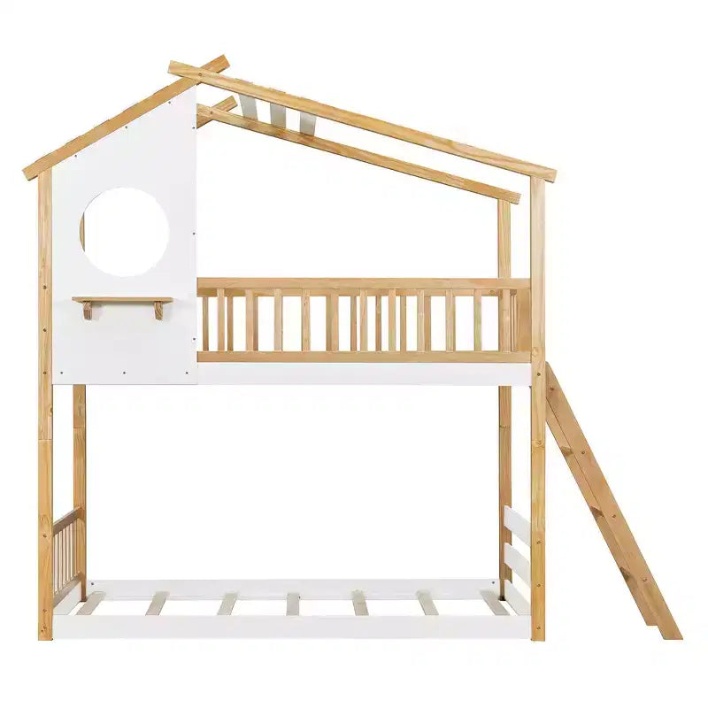 Letto a Castello Doppio con Tetto, Design a Casetta, Scaletta Sicura e Ringhiere - Naturale